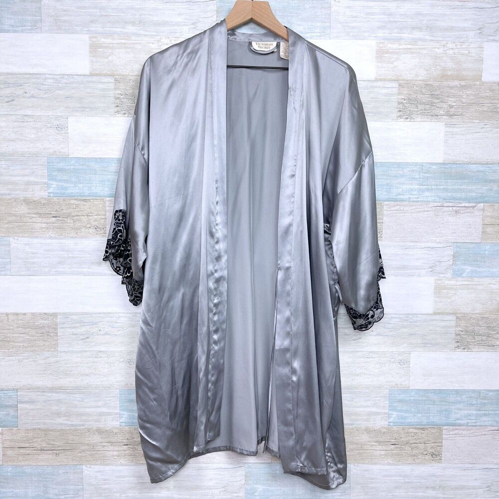 Victorias Secret Vintage Silk Robe Gray Lace Trim Gold Label Womens Medium